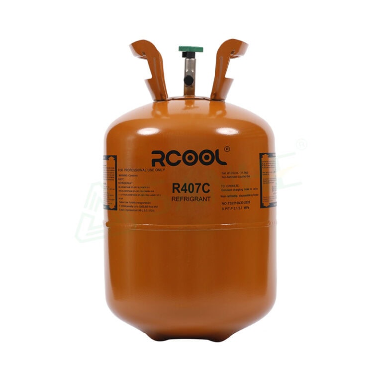 Orange R407c refrigerant gas cylinder with safety valve and labels for HVAC use, suitable for air conditioning systems.